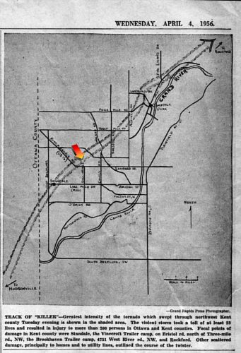 Path of the 3 April 1956 tornado's highest intensity.